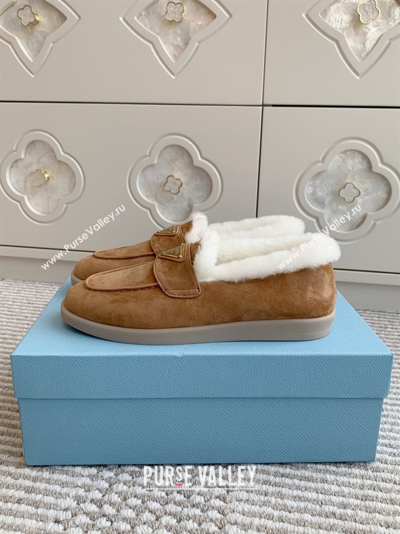 Prada Suede and Shearling Loafers P112006 Light Brown 2025 (Women and Men) (LM-25112006)