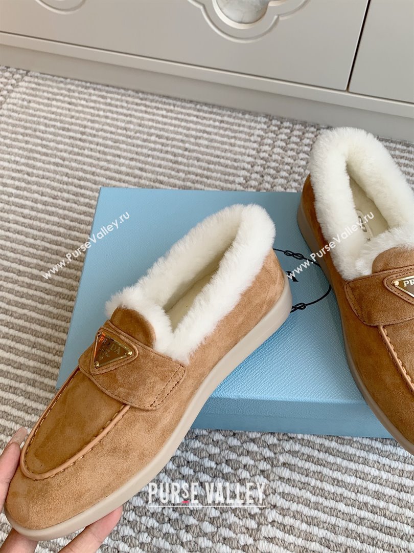 Prada Suede and Shearling Loafers P112006 Light Brown 2025 (Women and Men) (LM-25112006)