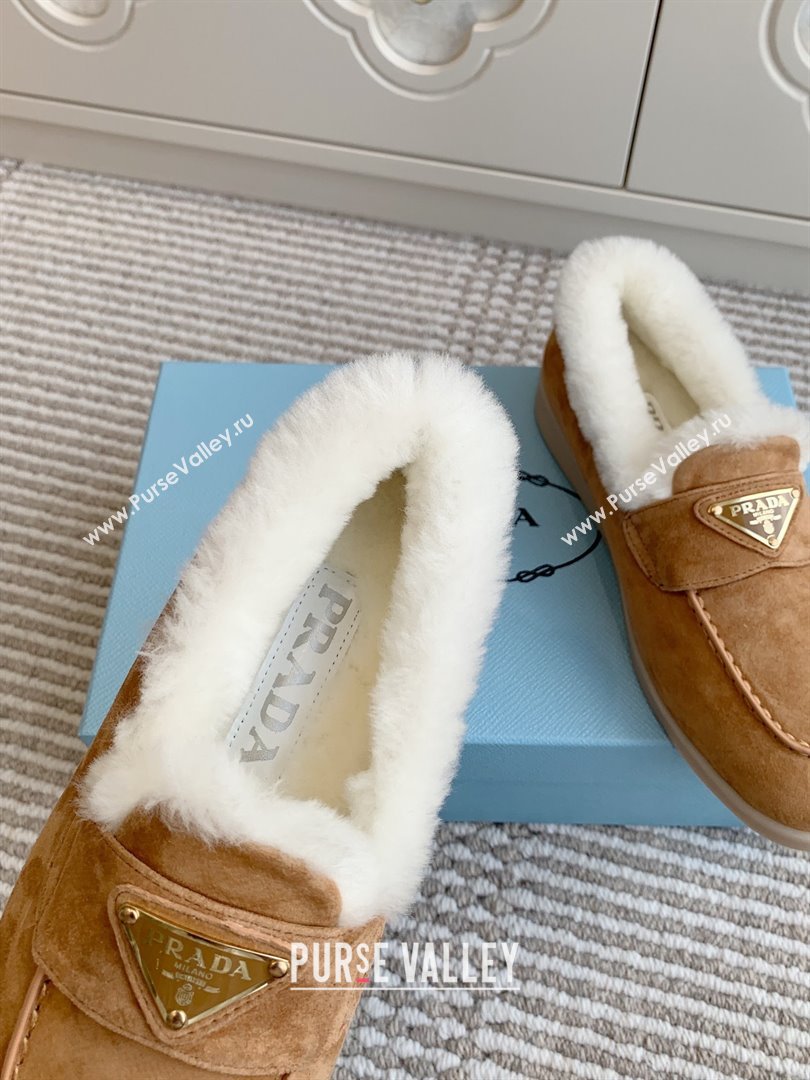 Prada Suede and Shearling Loafers P112006 Light Brown 2025 (Women and Men) (LM-25112006)
