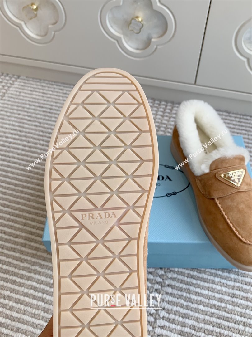 Prada Suede and Shearling Loafers P112006 Light Brown 2025 (Women and Men) (LM-25112006)
