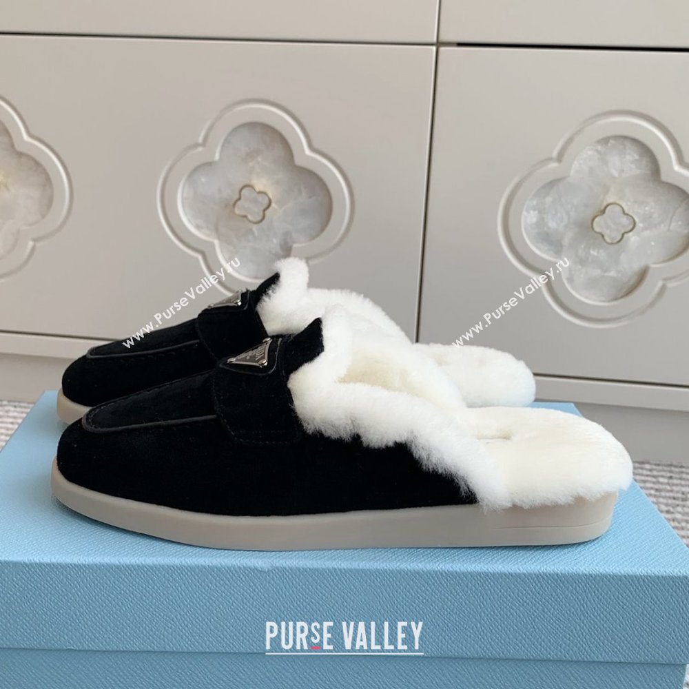 Prada Suede and Shearling Mules P112009 Black 2025 (Women and Men) (LM-25112009)