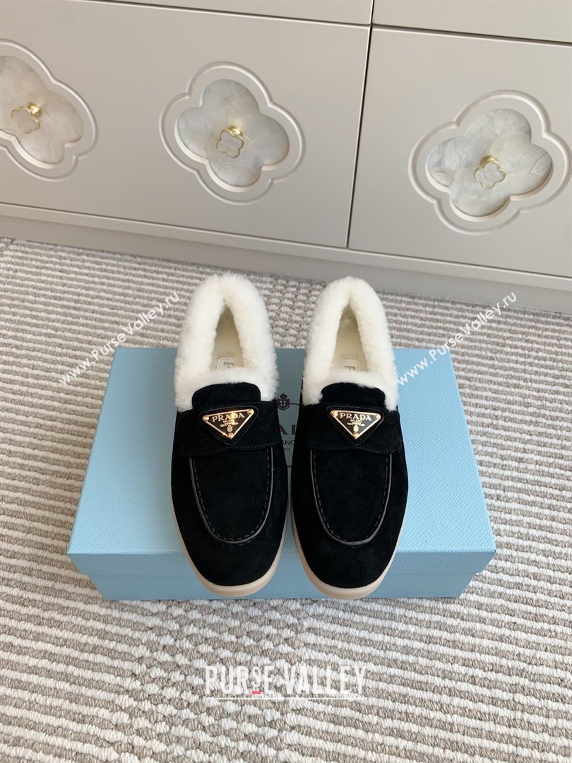 Prada Suede and Shearling Loafers P112010 Black 2025 (Women and Men) (LM-25112010)