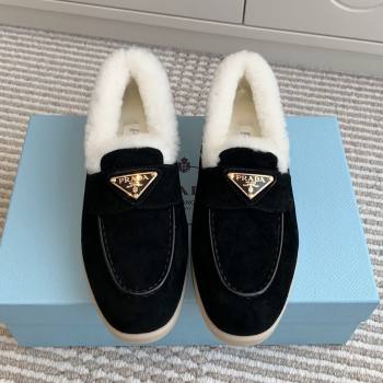 Prada Suede and Shearling Loafers P112010 Black 2025 (Women and Men) (LM-25112010)