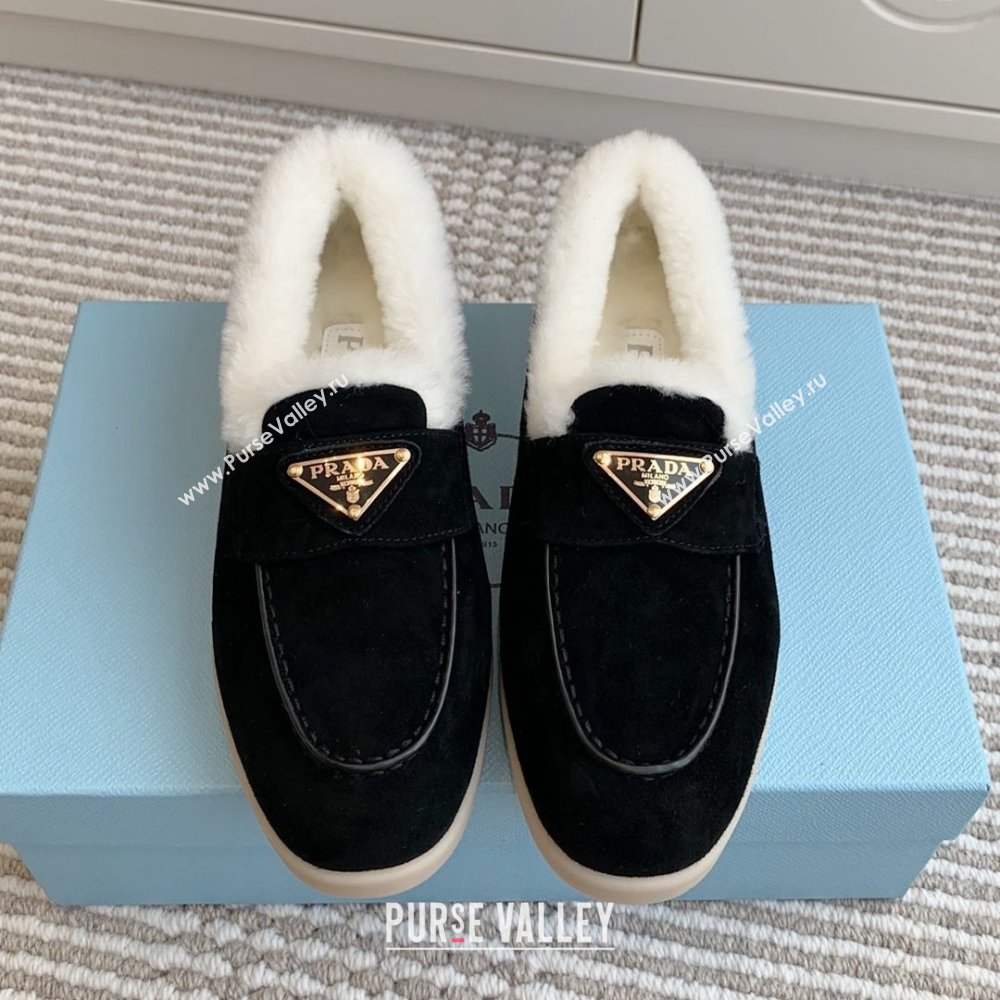 Prada Suede and Shearling Loafers P112010 Black 2025 (Women and Men) (LM-25112010)