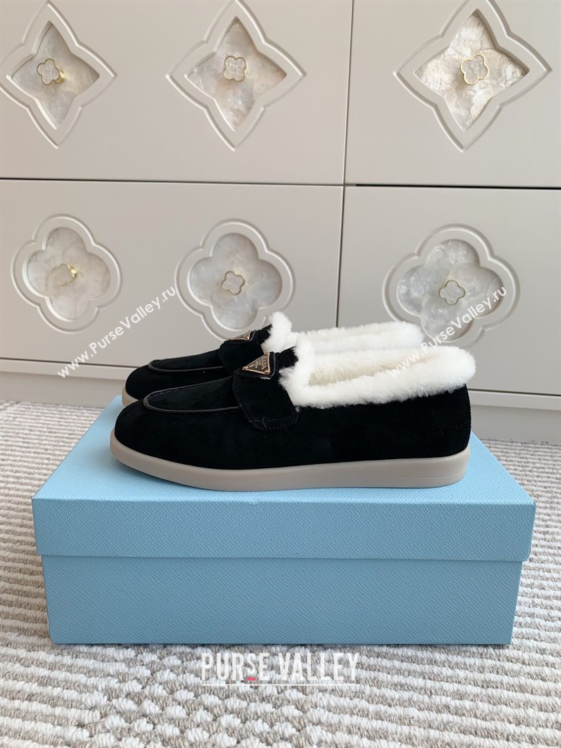 Prada Suede and Shearling Loafers P112010 Black 2025 (Women and Men) (LM-25112010)