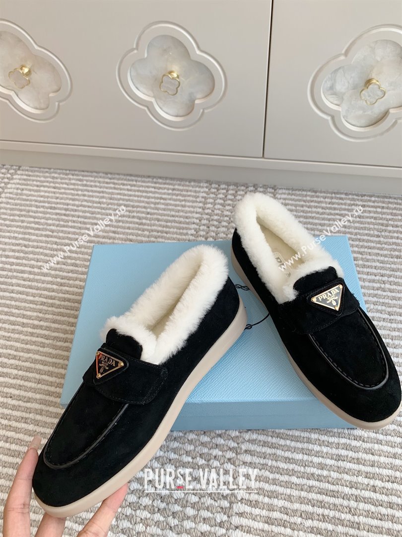Prada Suede and Shearling Loafers P112010 Black 2025 (Women and Men) (LM-25112010)