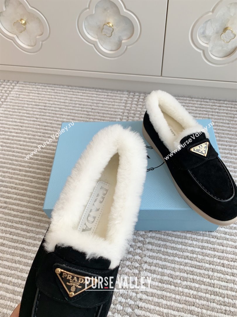 Prada Suede and Shearling Loafers P112010 Black 2025 (Women and Men) (LM-25112010)
