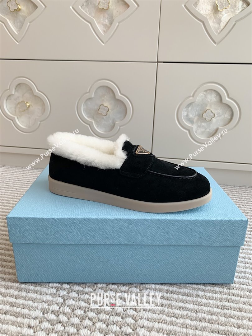 Prada Suede and Shearling Loafers P112010 Black 2025 (Women and Men) (LM-25112010)