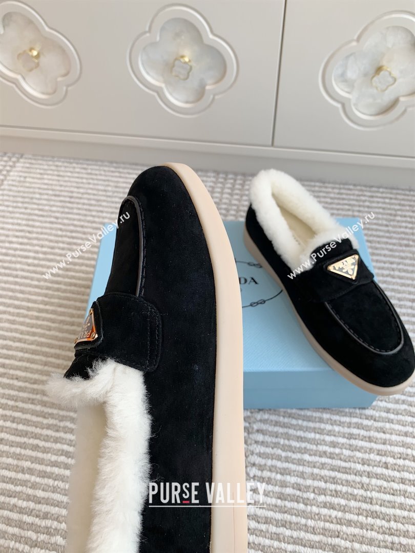 Prada Suede and Shearling Loafers P112010 Black 2025 (Women and Men) (LM-25112010)