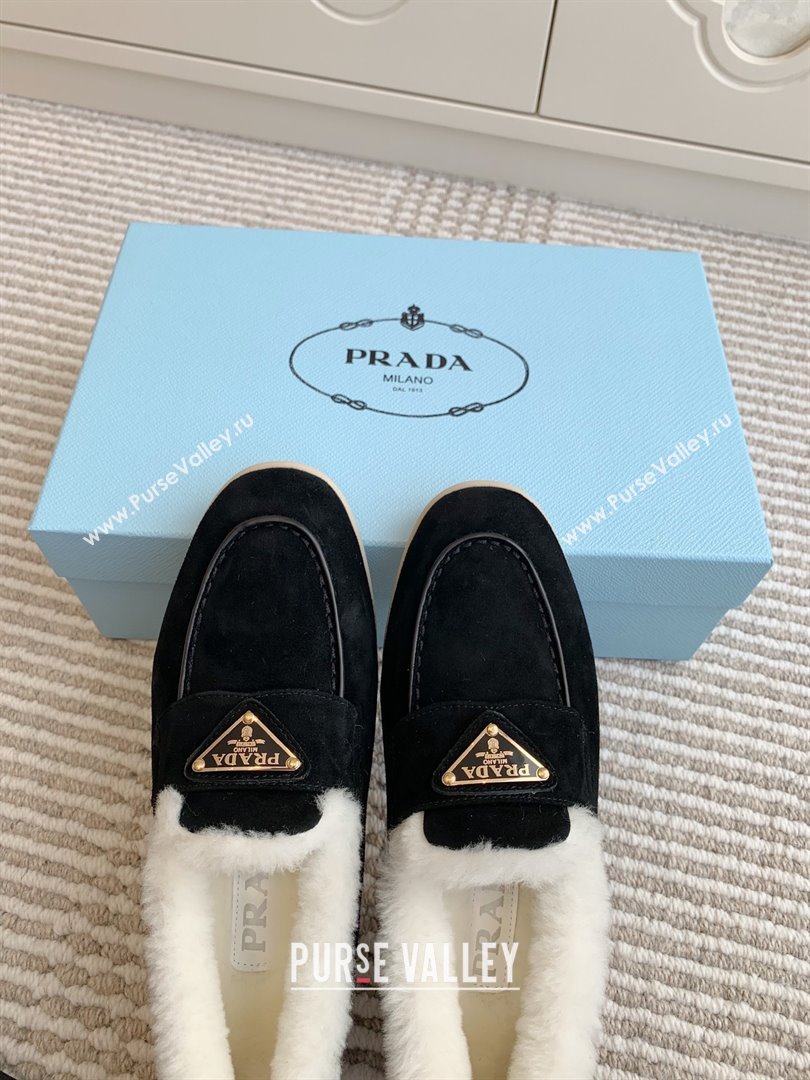 Prada Suede and Shearling Loafers P112010 Black 2025 (Women and Men) (LM-25112010)