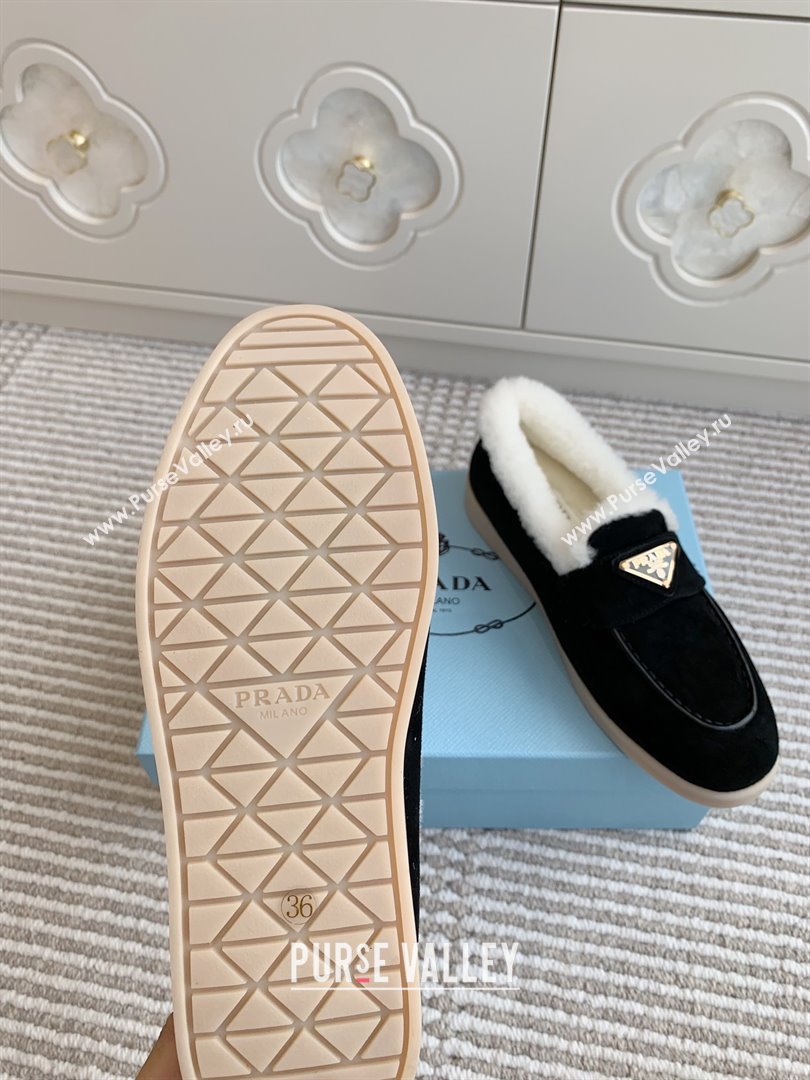 Prada Suede and Shearling Loafers P112010 Black 2025 (Women and Men) (LM-25112010)