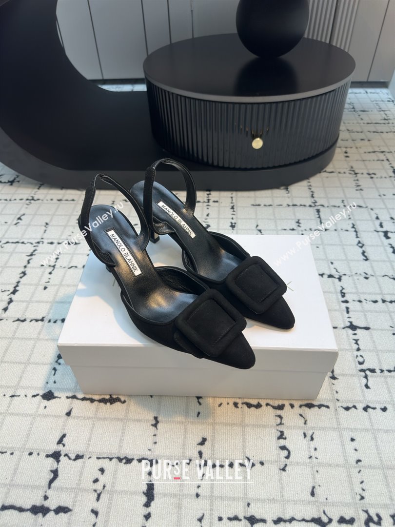 Manolo Blahnik MAYSLI Slingback Pumps with Buckle in Black Suede 2025 (MGN-25112523)