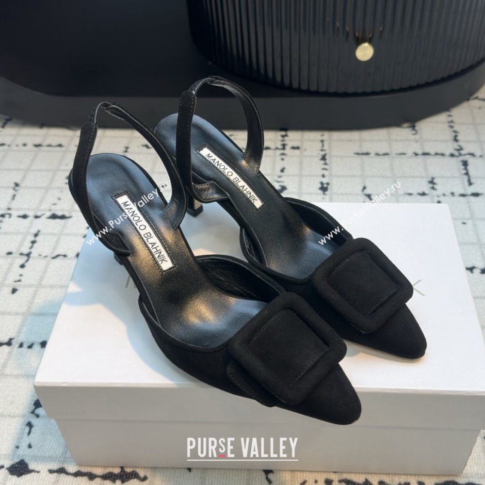Manolo Blahnik MAYSLI Slingback Pumps with Buckle in Black Suede 2025 (MGN-25112523)
