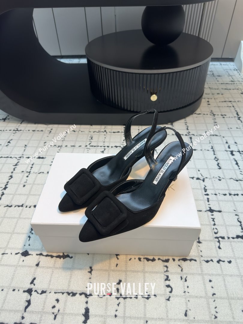 Manolo Blahnik MAYSLI Slingback Pumps with Buckle in Black Suede 2025 (MGN-25112523)