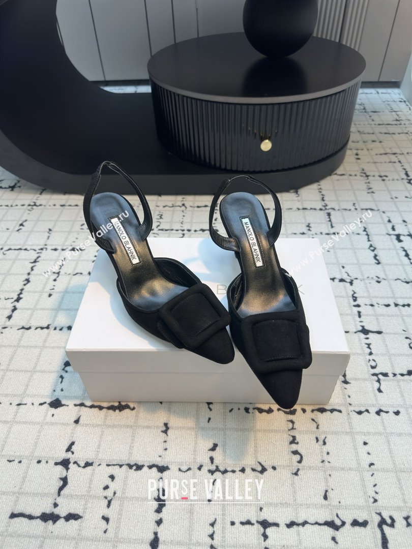 Manolo Blahnik MAYSLI Slingback Pumps with Buckle in Black Suede 2025 (MGN-25112523)