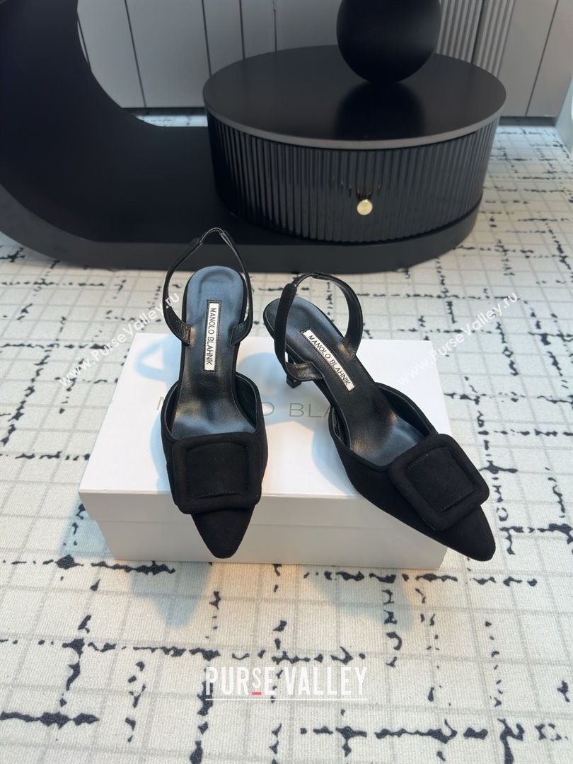 Manolo Blahnik MAYSLI Slingback Pumps with Buckle in Black Suede 2025 (MGN-25112523)