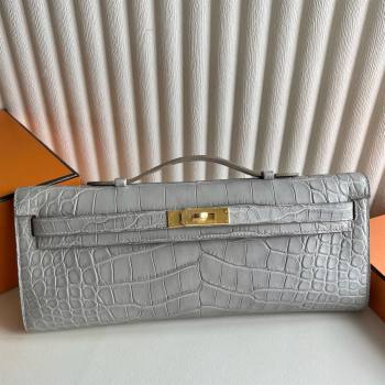 Hermes Kelly Cut Clutch Bag in Matt Alligator Leather CK80 Pearl Grey/Gold (Full Handmade) (XYA-25120318)