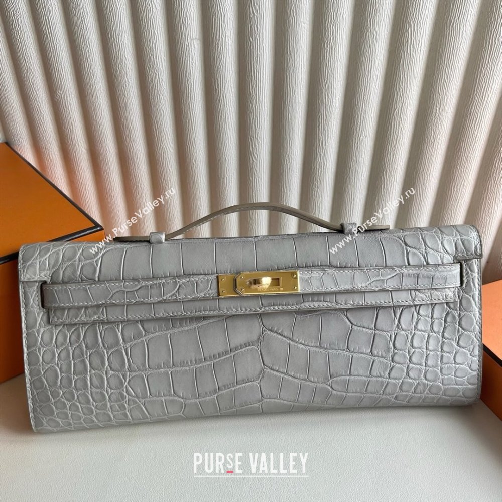 Hermes Kelly Cut Clutch Bag in Matt Alligator Leather CK80 Pearl Grey/Gold (Full Handmade) (XYA-25120318)