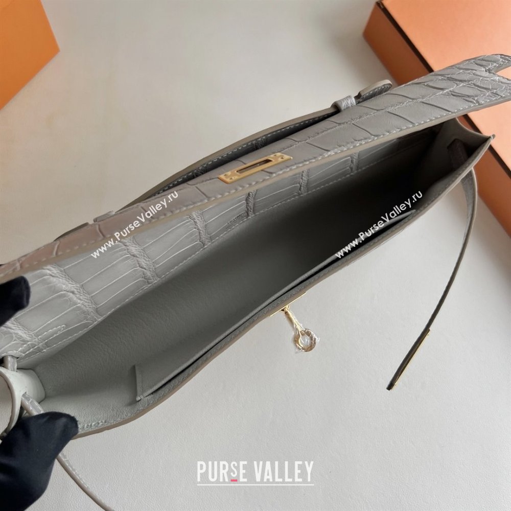 Hermes Kelly Cut Clutch Bag in Matt Alligator Leather CK80 Pearl Grey/Gold (Full Handmade) (XYA-25120318)