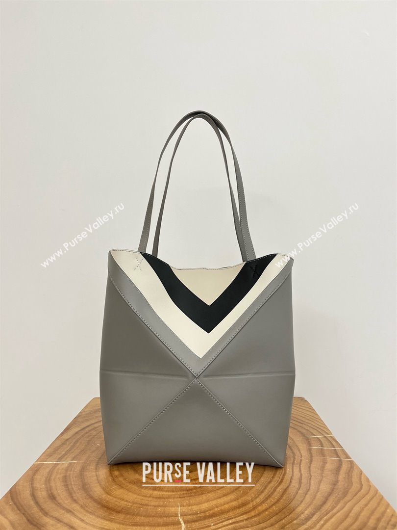 Loewe Medium Puzzle Fold Tote in Nappa Calfskin Grey/White 2025 (KK-25120603)