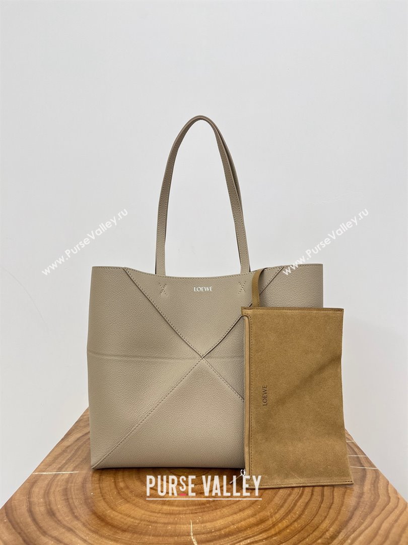 Loewe Medium Horizontal Puzzle Fold Tote in Soft Grained Calfskin Light Grey 2025 (KK-25120604)