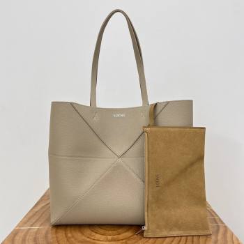 Loewe Medium Horizontal Puzzle Fold Tote in Soft Grained Calfskin Light Grey 2025 (KK-25120604)