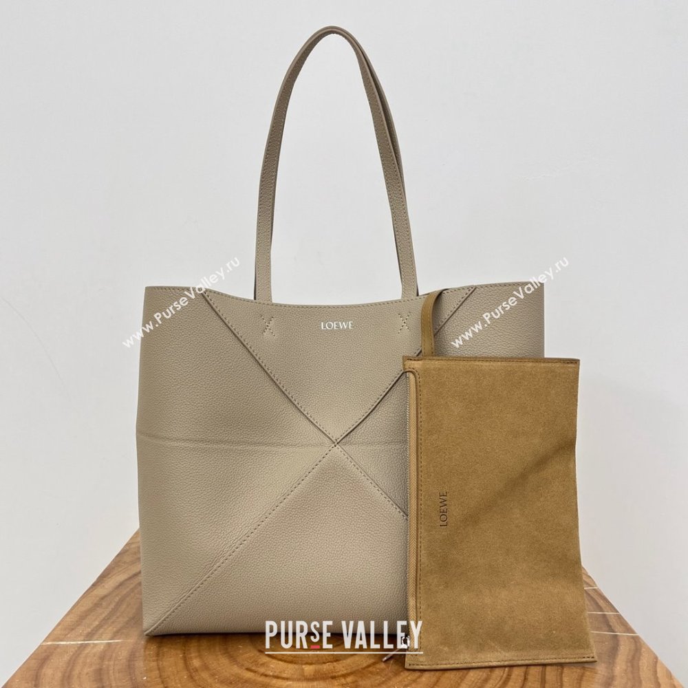 Loewe Medium Horizontal Puzzle Fold Tote in Soft Grained Calfskin Light Grey 2025 (KK-25120604)