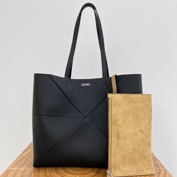 Loewe Medium Horizontal Puzzle Fold Tote in Soft Grained Calfskin Black 2025 (KK-25120605)