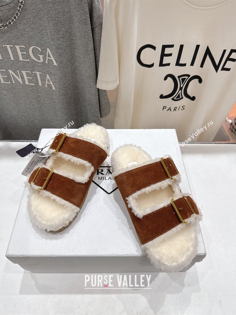Prada Suede Shearling Strap Slides P121603 Brown 2025 (LM-25121603)