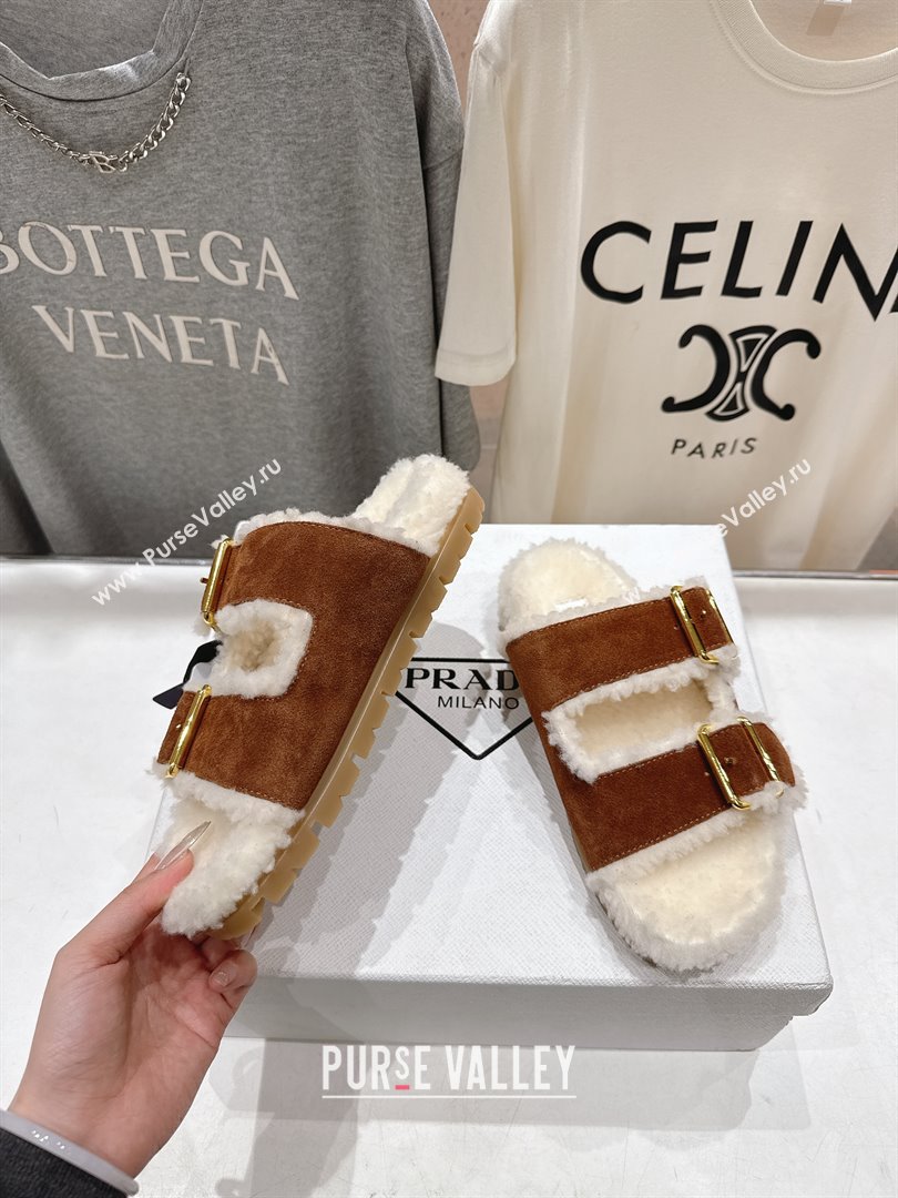 Prada Suede Shearling Strap Slides P121603 Brown 2025 (LM-25121603)
