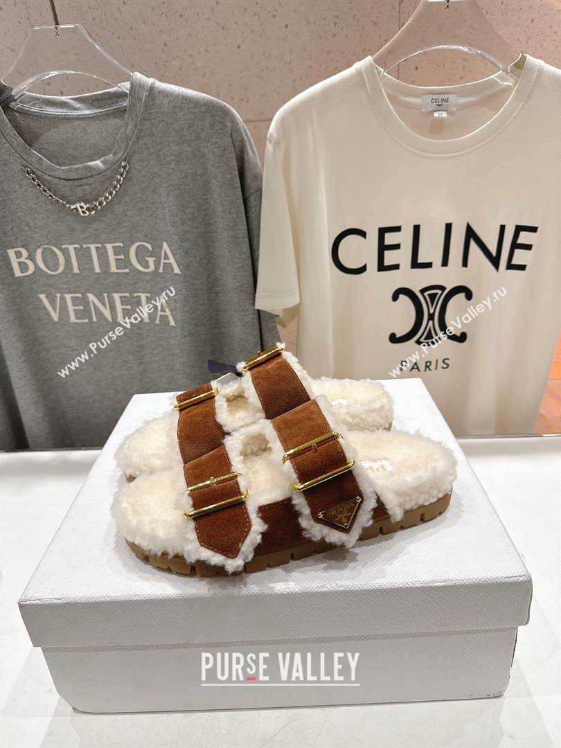 Prada Suede Shearling Strap Slides P121603 Brown 2025 (LM-25121603)