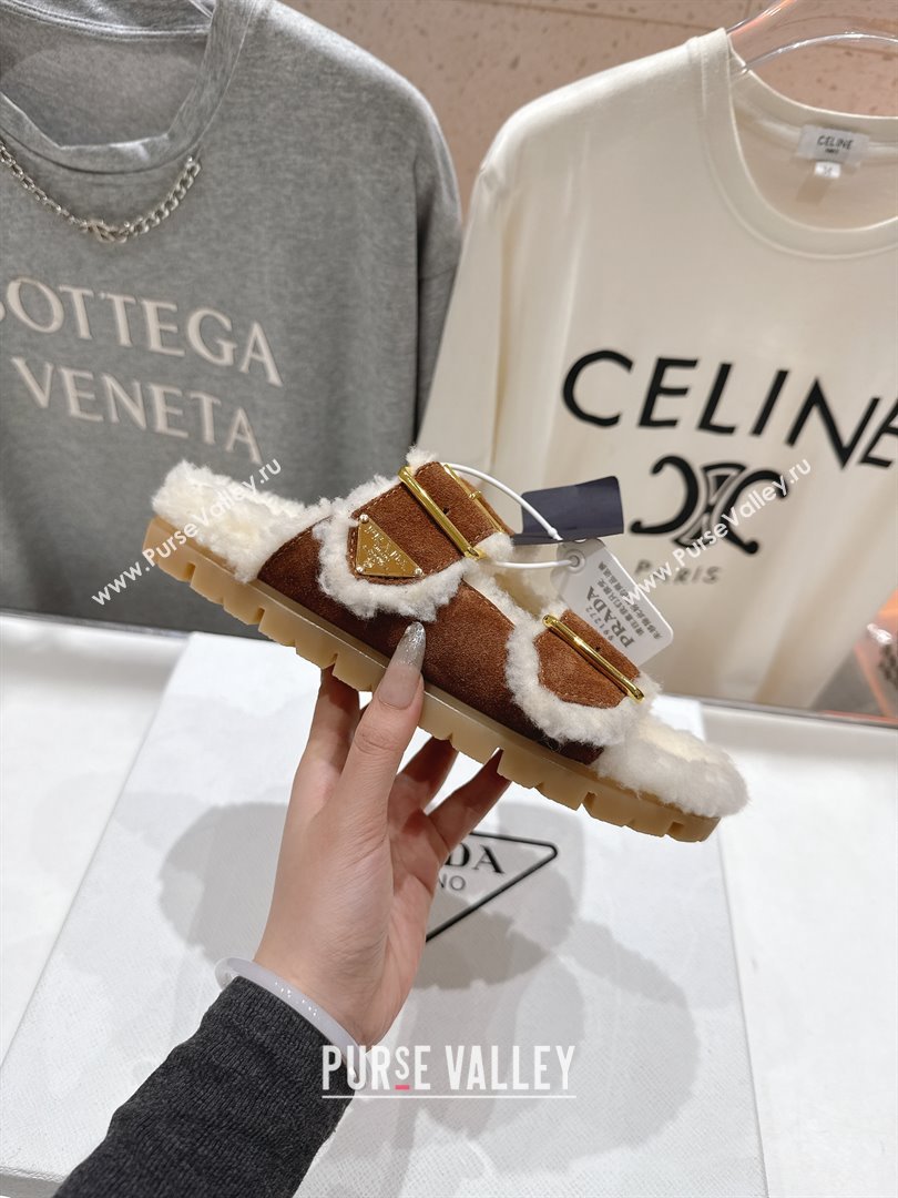 Prada Suede Shearling Strap Slides P121603 Brown 2025 (LM-25121603)