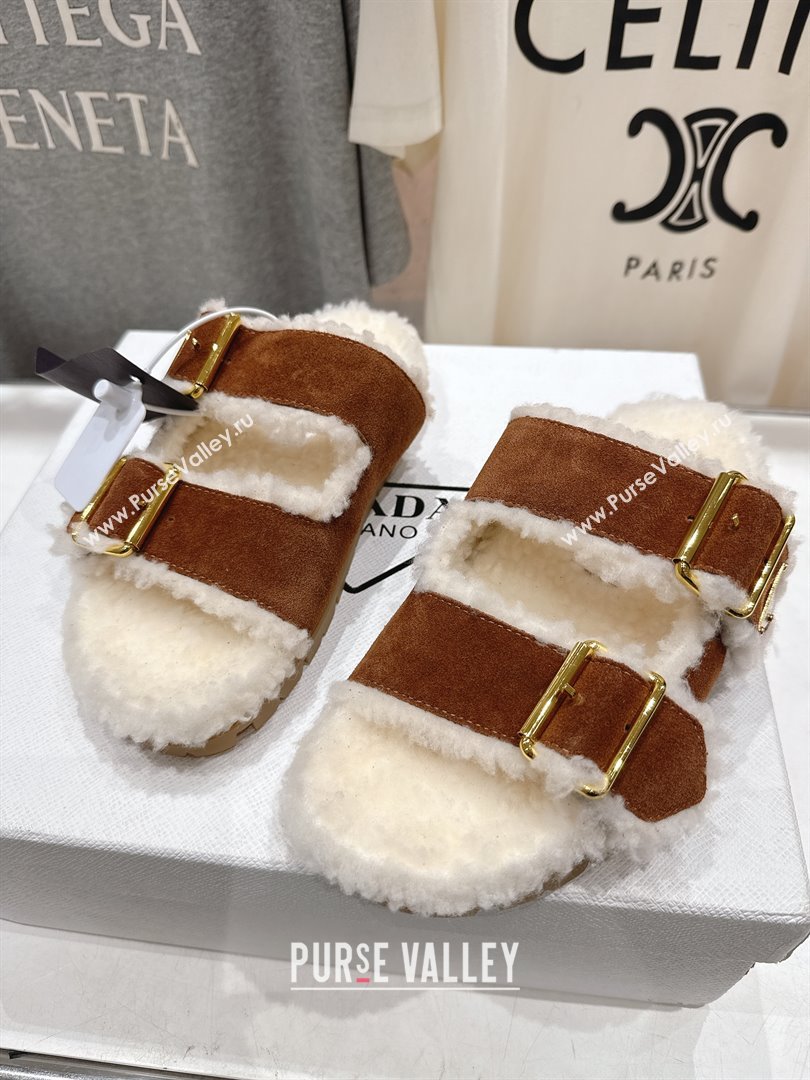 Prada Suede Shearling Strap Slides P121603 Brown 2025 (LM-25121603)