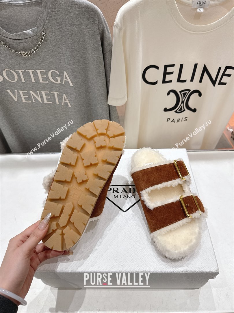 Prada Suede Shearling Strap Slides P121603 Brown 2025 (LM-25121603)