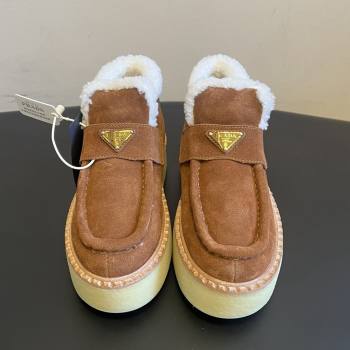 Prada Suede Shearling Platform Loafers P121605 Brown 2025 (MGN-25121605)