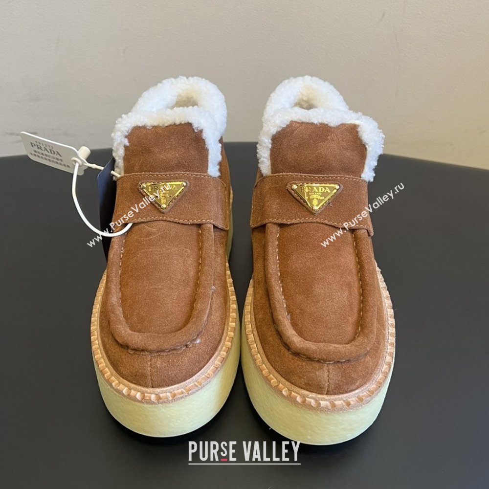 Prada Suede Shearling Platform Loafers P121605 Brown 2025 (MGN-25121605)