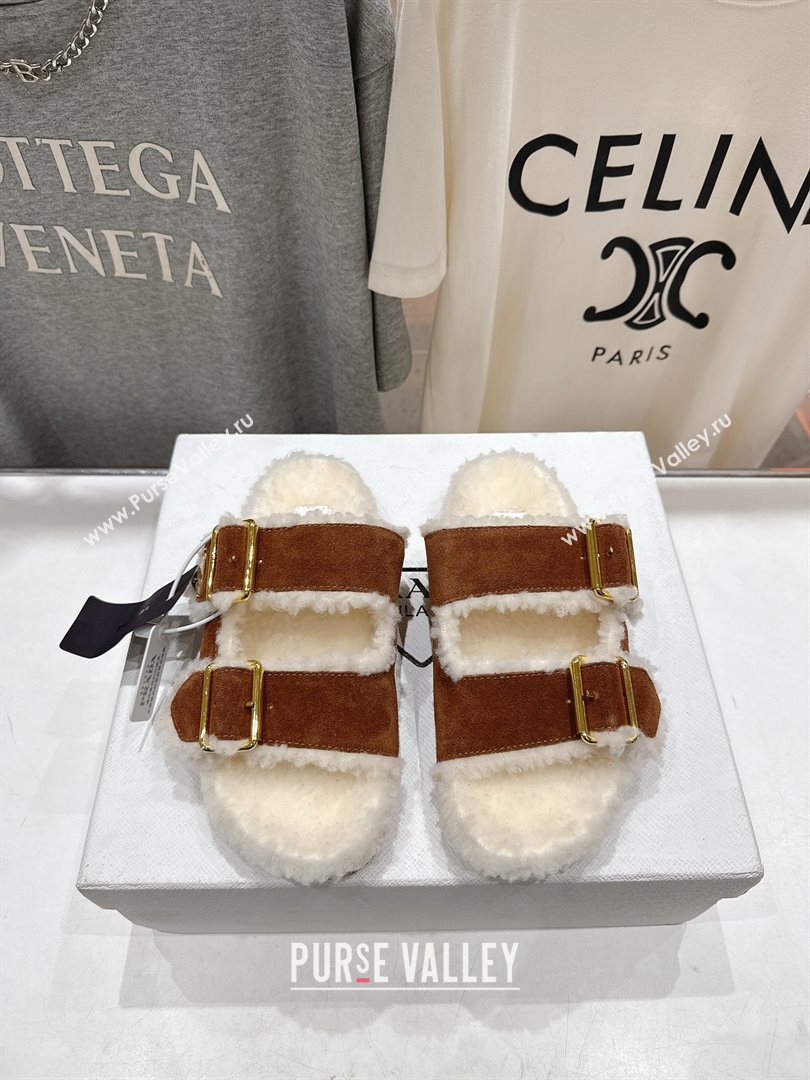 Prada Suede Shearling Strap Slides P121603 Brown 2025 (LM-25121603)