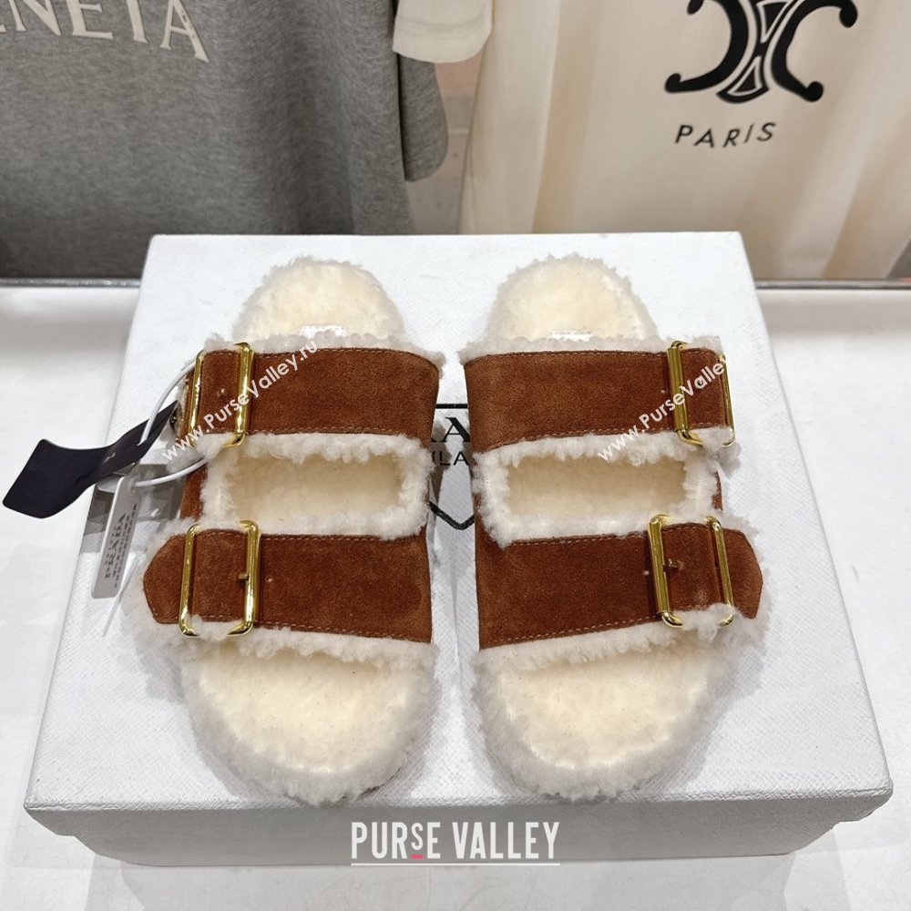 Prada Suede Shearling Strap Slides P121603 Brown 2025 (LM-25121603)