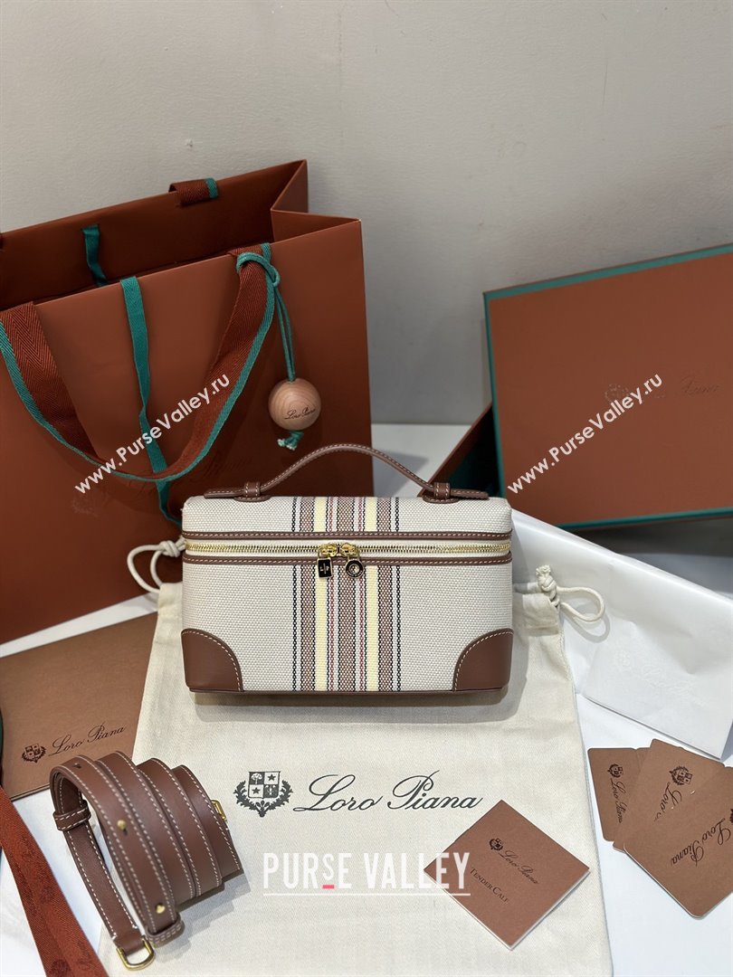Loro Piana LP Extra Pocket Pouch L19 in Stripe Canvas and Leather Dark Brown 2025 (GYF-25122303)