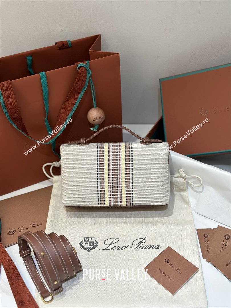 Loro Piana LP Extra Pocket Pouch L19 in Stripe Canvas and Leather Dark Brown 2025 (GYF-25122303)