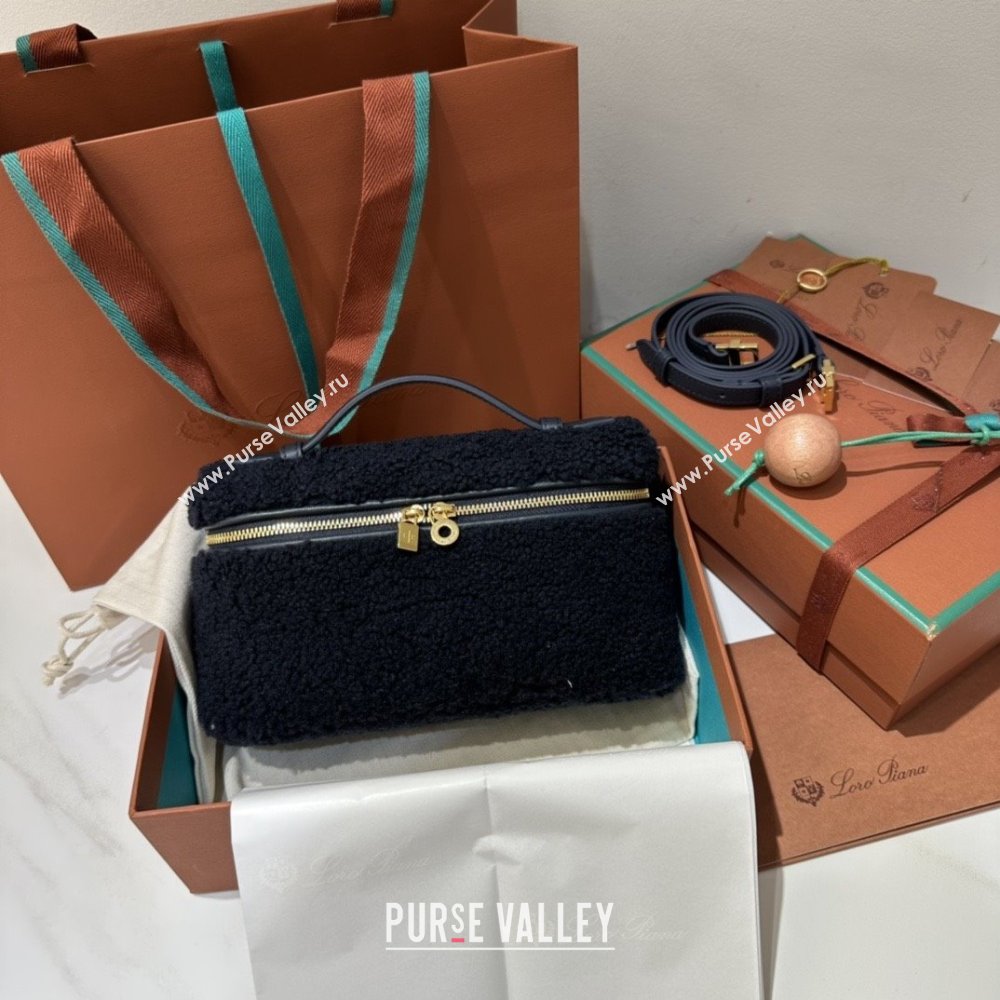 Loro Piana LP Extra Pocket Pouch L19 in Shearling Leather Navy Blue 2025 (GYF-25122305)