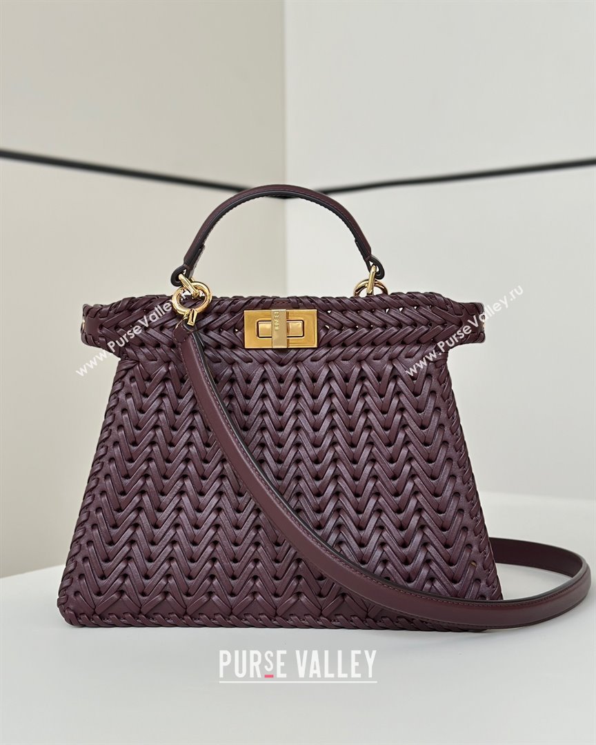 Fendi Peekaboo ISeeU Small Bag in Interlaced Leather 80138M Burgundy 2025 Top (CL-25122512)