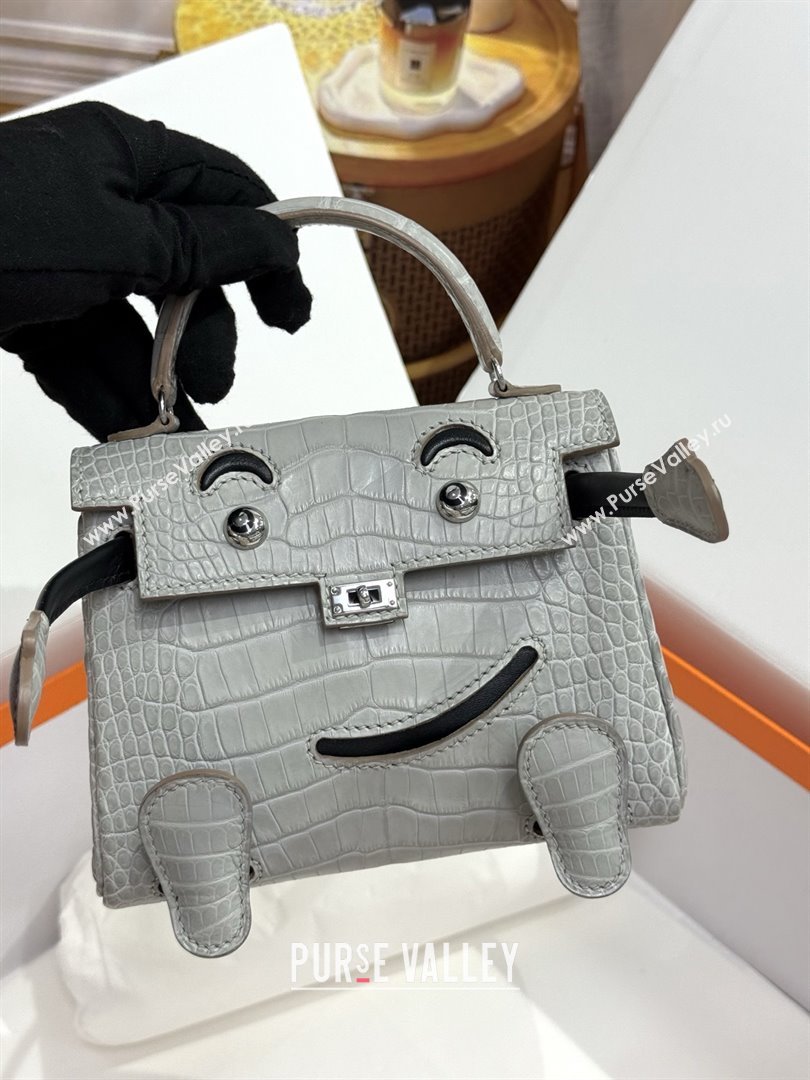 Hermes Kelly Doll Bag in Matt Alligator Leather Grey/Black 2025(Handmade) (XX-25122618)
