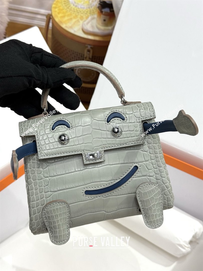 Hermes Kelly Doll Bag in Matt Alligator Leather Grey/Blue 2025(Handmade) (XX-25122621)