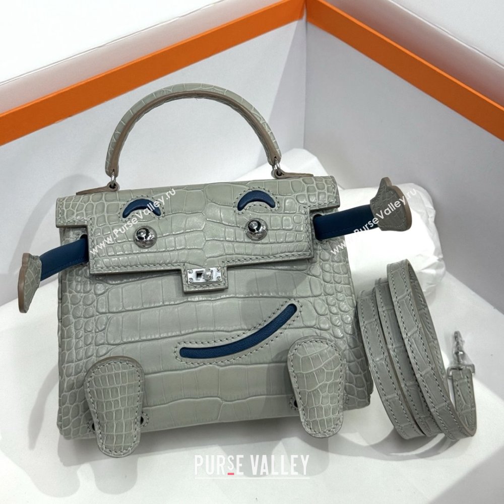 Hermes Kelly Doll Bag in Matt Alligator Leather Grey/Blue 2025(Handmade) (XX-25122621)