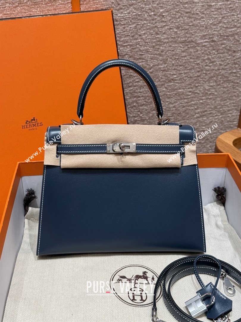 Hermes Kelly 25 Bag in Box Leather 7P Blue/Silver 2025(Handmade) (XX-25122614)