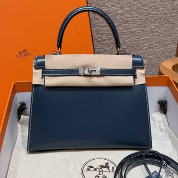 Hermes Kelly 25 Bag in Box Leather 7P Blue/Silver 2025(Handmade) (XX-25122614)