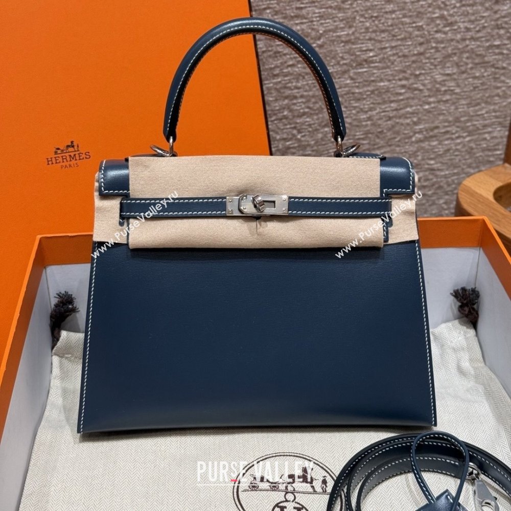 Hermes Kelly 25 Bag in Box Leather 7P Blue/Silver 2025(Handmade) (XX-25122614)