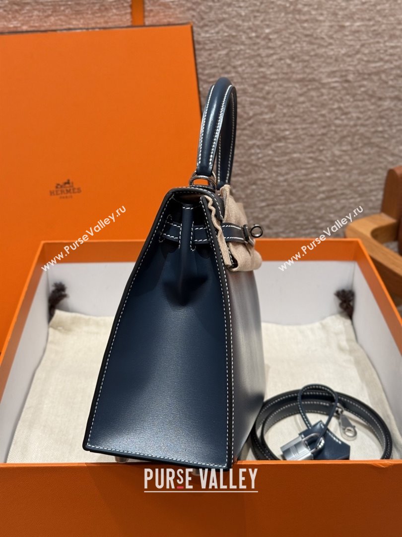 Hermes Kelly 25 Bag in Box Leather 7P Blue/Silver 2025(Handmade) (XX-25122614)