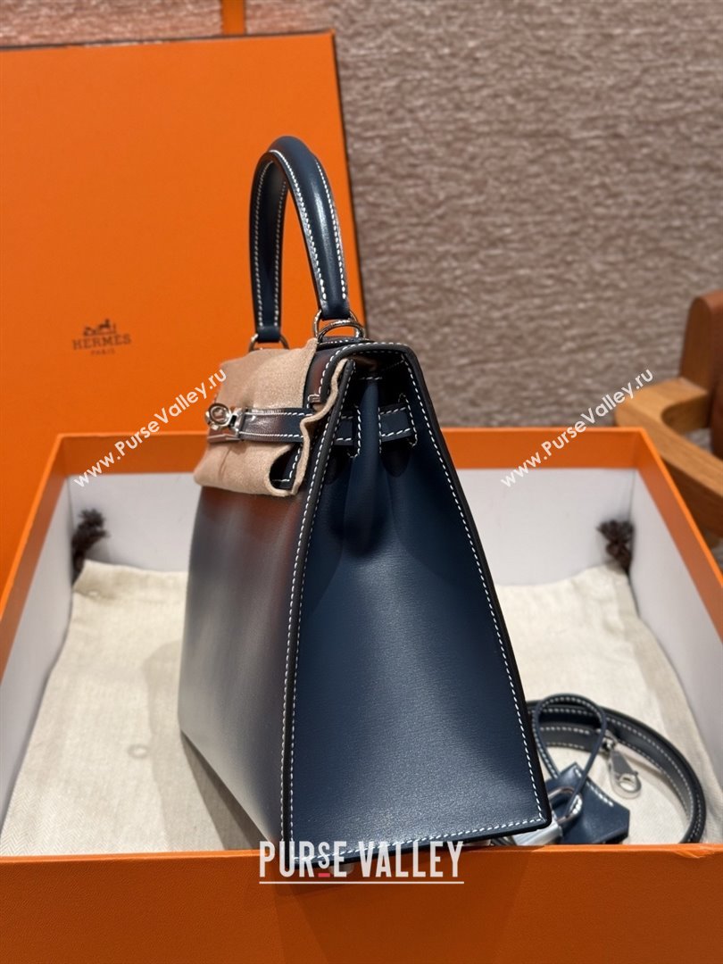 Hermes Kelly 25 Bag in Box Leather 7P Blue/Silver 2025(Handmade) (XX-25122614)